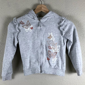 June Bug Hoodie Sweater Gray White Gold Butterfly Graphic Ruffled Zip Up Size 5